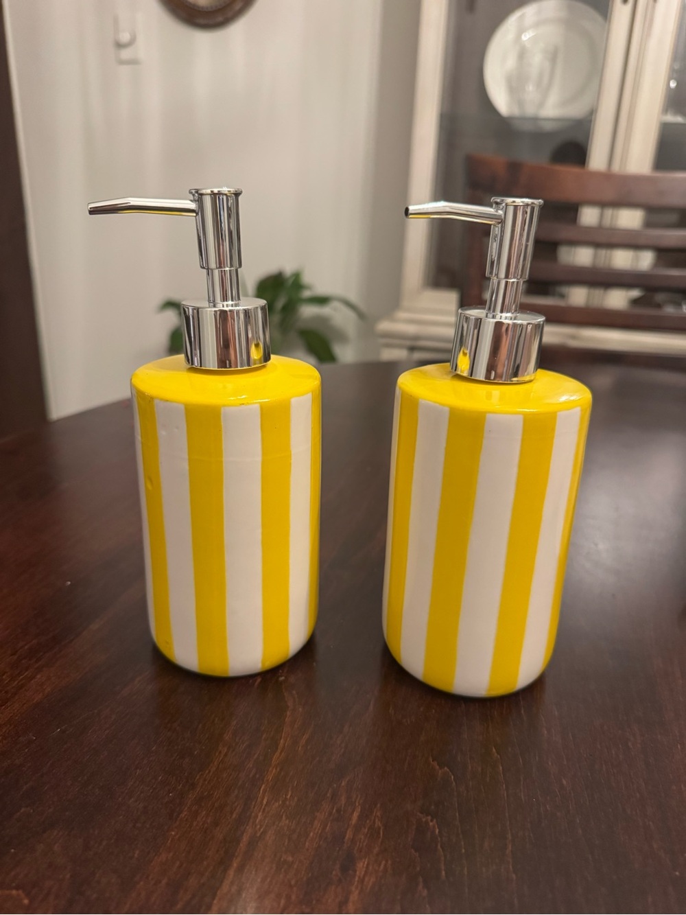 Ceramic Yellow & White Striped Soap Dispenser set of 2 Ashland